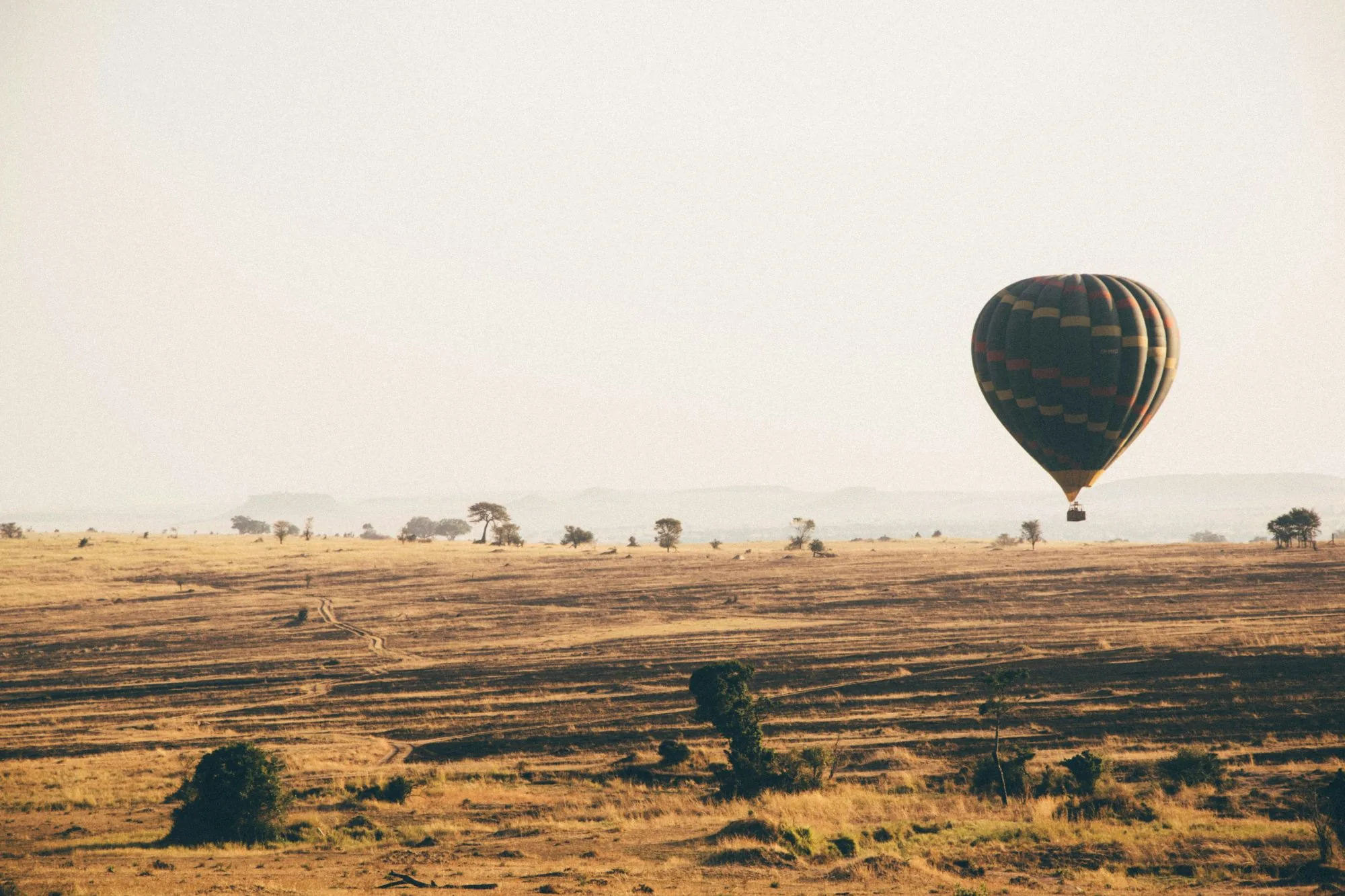 A hot air balloon over golden plains at sunrise