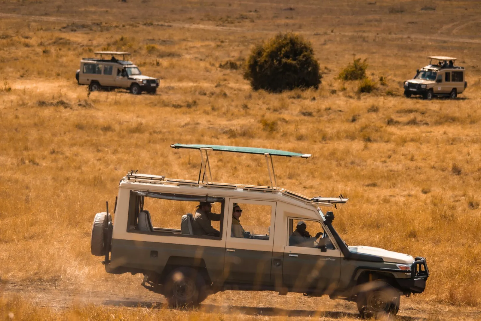 A safari vehicle with its roof open on a game drive in the Serengeti