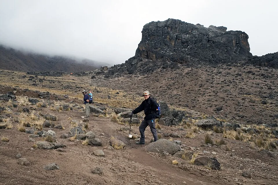 Hikers on the trail near the Lava Tower on Kilimanjaro