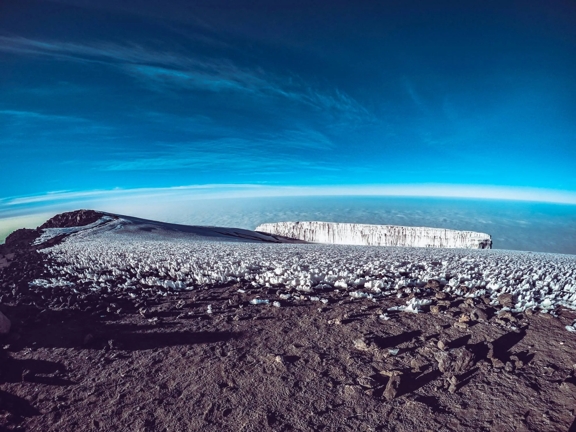 The ice fields on the summit of Kilimanjaro at dawn