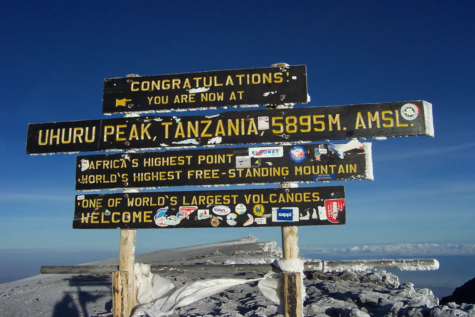 The sign at Uhuru Peak, 5,895 m, the highest point in Africa